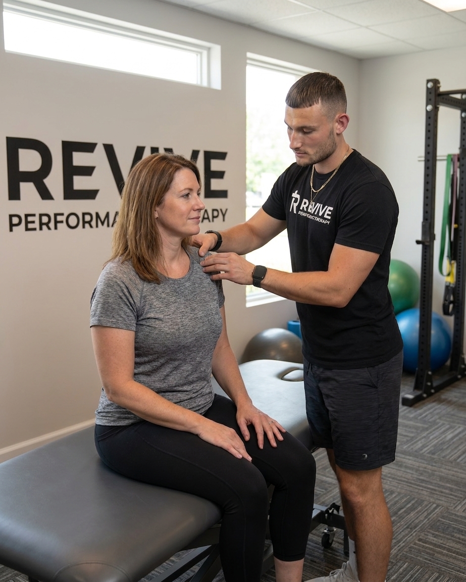 Patient working with a provider at a performance physical therapy clinic in Columbus, GA during a lower extremity rehabilitation exercise